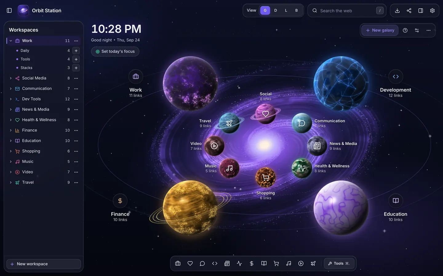 Galaxy view with categories as planets orbiting a spiral galaxy.