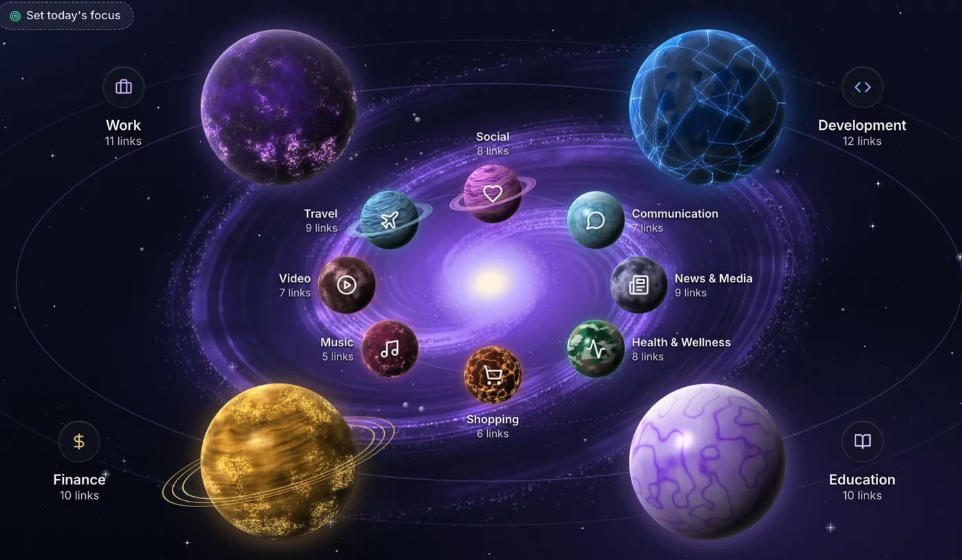 Close-up of the galaxy: planets for Social, Communication, Travel, Video, Music, Shopping and more, each with its link count.