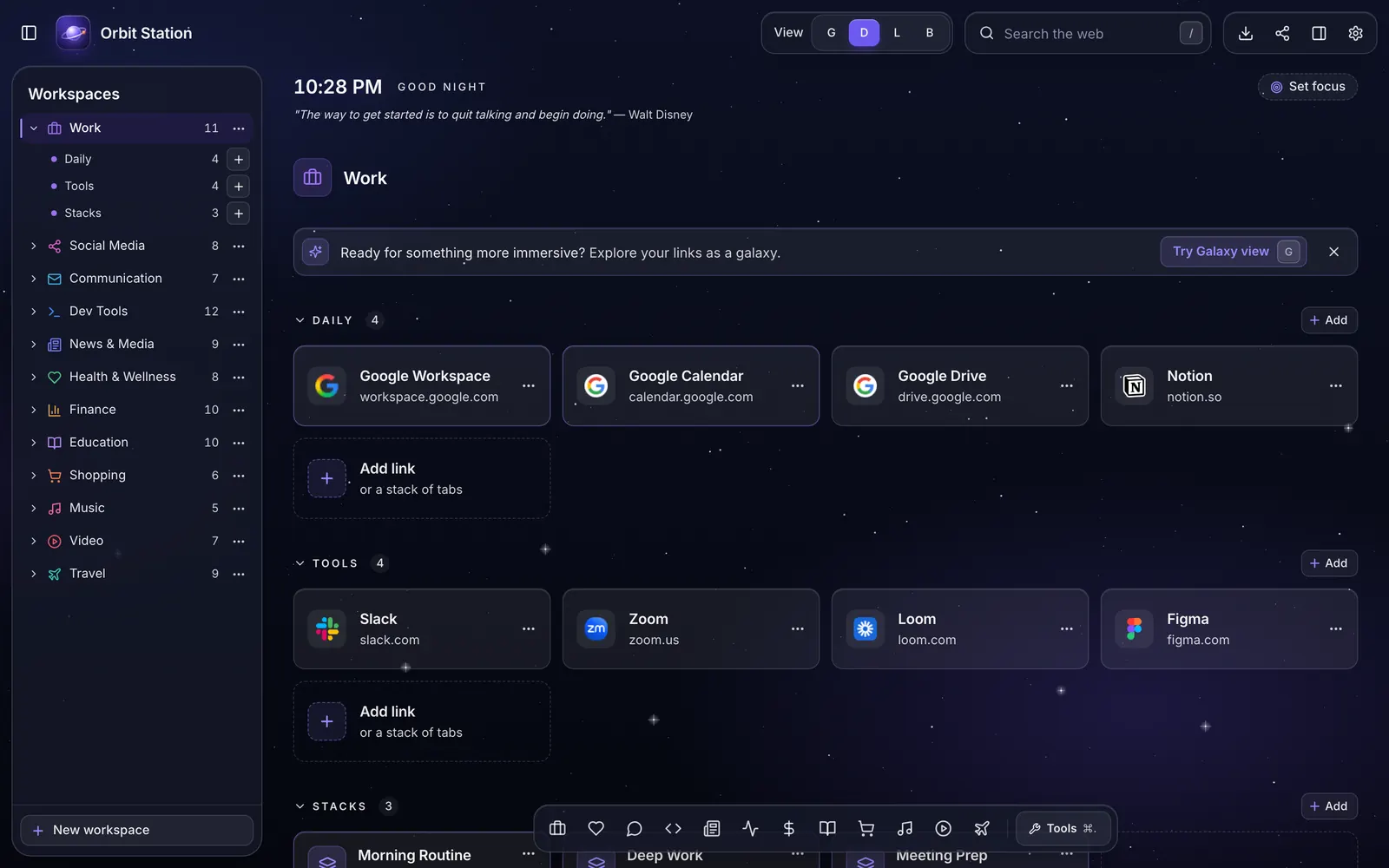 Grid view with link cards grouped into Daily, Tools and Stacks sections, each with an Add button.