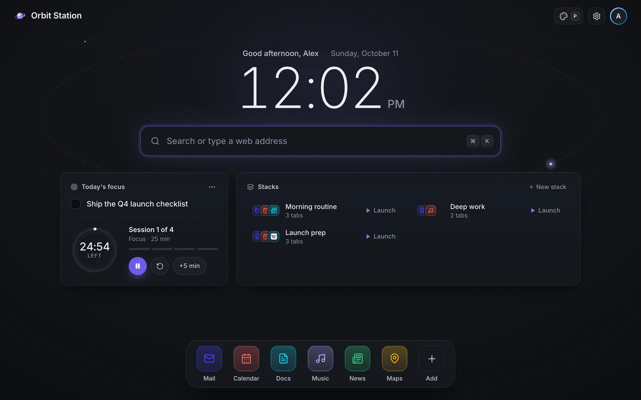 The Clean look in dark: a large clock and search bar above a Today's focus card with a running focus timer, three stacks with Launch buttons, and six top sites along the bottom.
