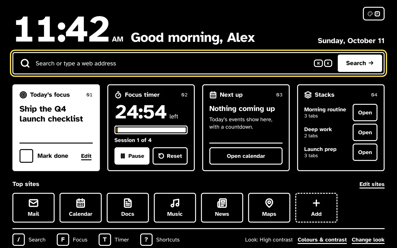 The High contrast look: white text and a yellow accent on black, with large cards for today's focus, the focus timer, the next event and stacks, and big buttons for top sites.