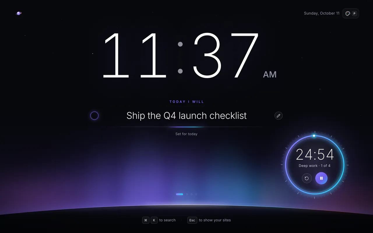 The Focus look: one big clock, today's intention, Ship the Q4 launch checklist, and a focus-timer ring above a glowing horizon.