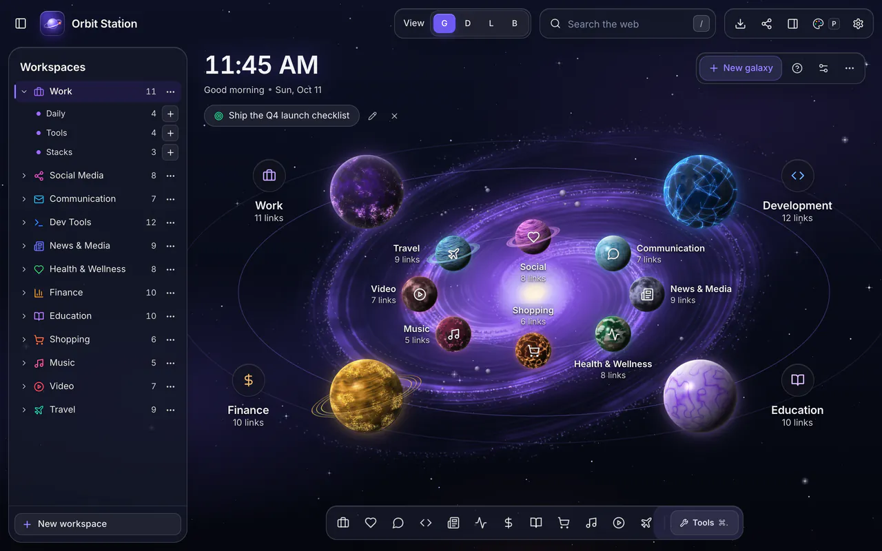 The Galaxy look: a workspace sidebar, and categories of links as planets orbiting a spiral galaxy, with the view switcher and the palette button in the top bar.