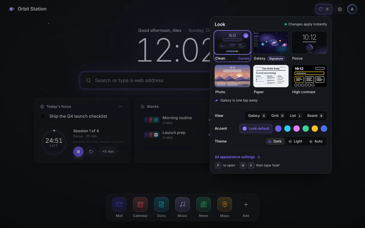 The Look popover open over the Clean look: six look thumbnails with Galaxy marked Signature, then rows for view, accent color and theme, a link to all appearance settings, and the hint: P to open, or ⌘K then type look.