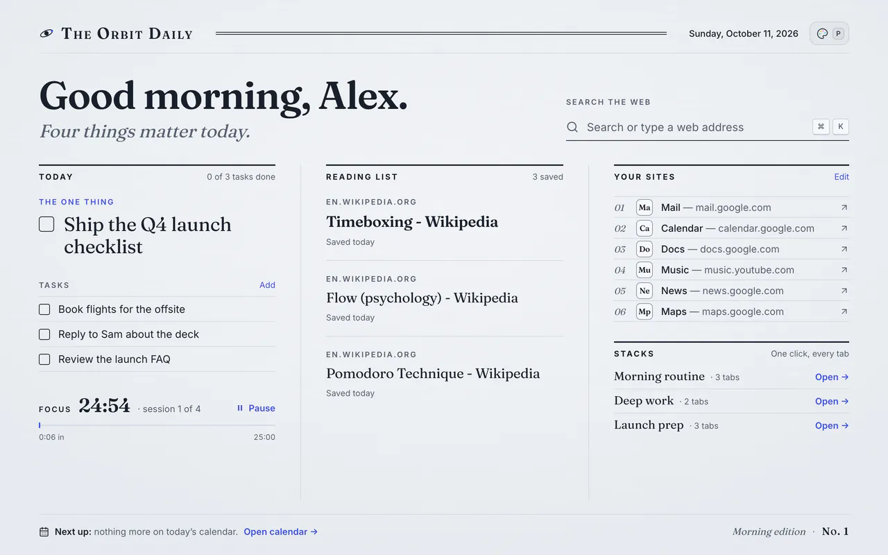 The Paper look: an editorial page called The Orbit Daily with today's tasks, a reading list of saved articles, your sites and your stacks.