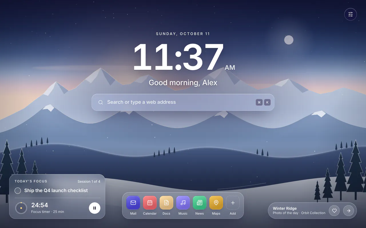 The Photo look: an illustrated snowy mountain scene, Winter Ridge, behind the clock, the search bar, today's focus with its timer and six top sites.