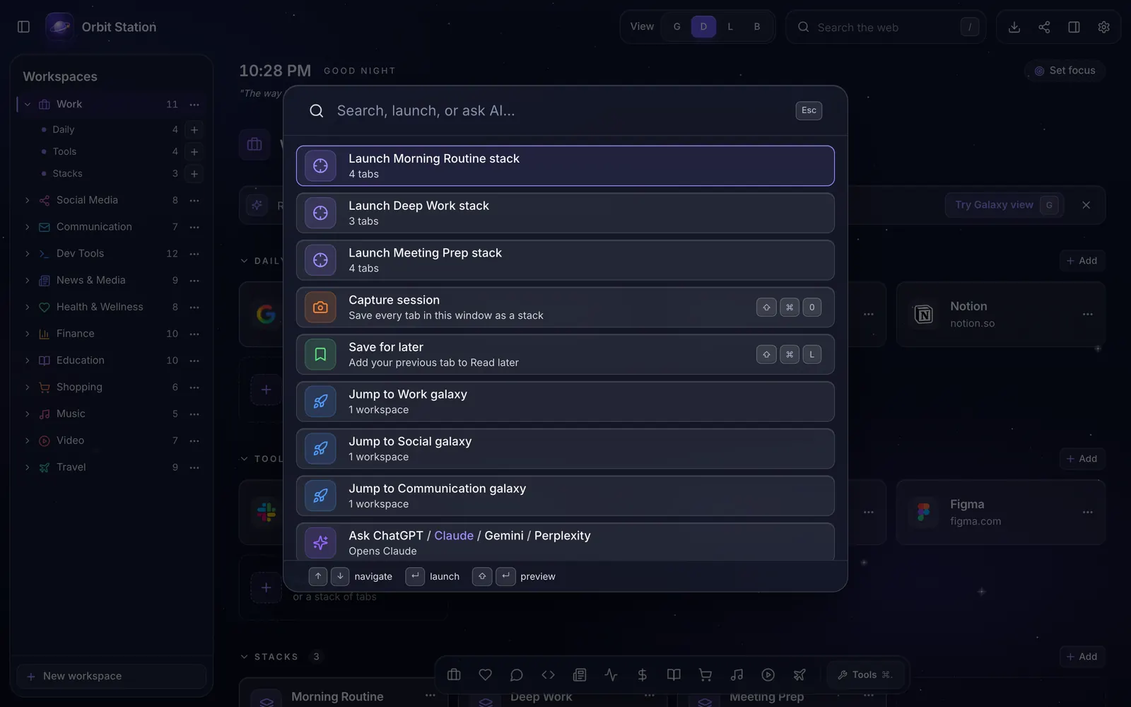 The command palette with suggested actions: launch stacks, capture a session, save for later, jump to galaxies and ask AI.