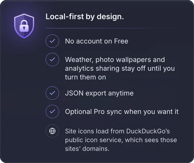 The Local-first by design card from Orbit Station's settings: no account on Free, weather, photo wallpapers and analytics off until you turn them on, JSON export, optional Pro sync, and site icons from DuckDuckGo.