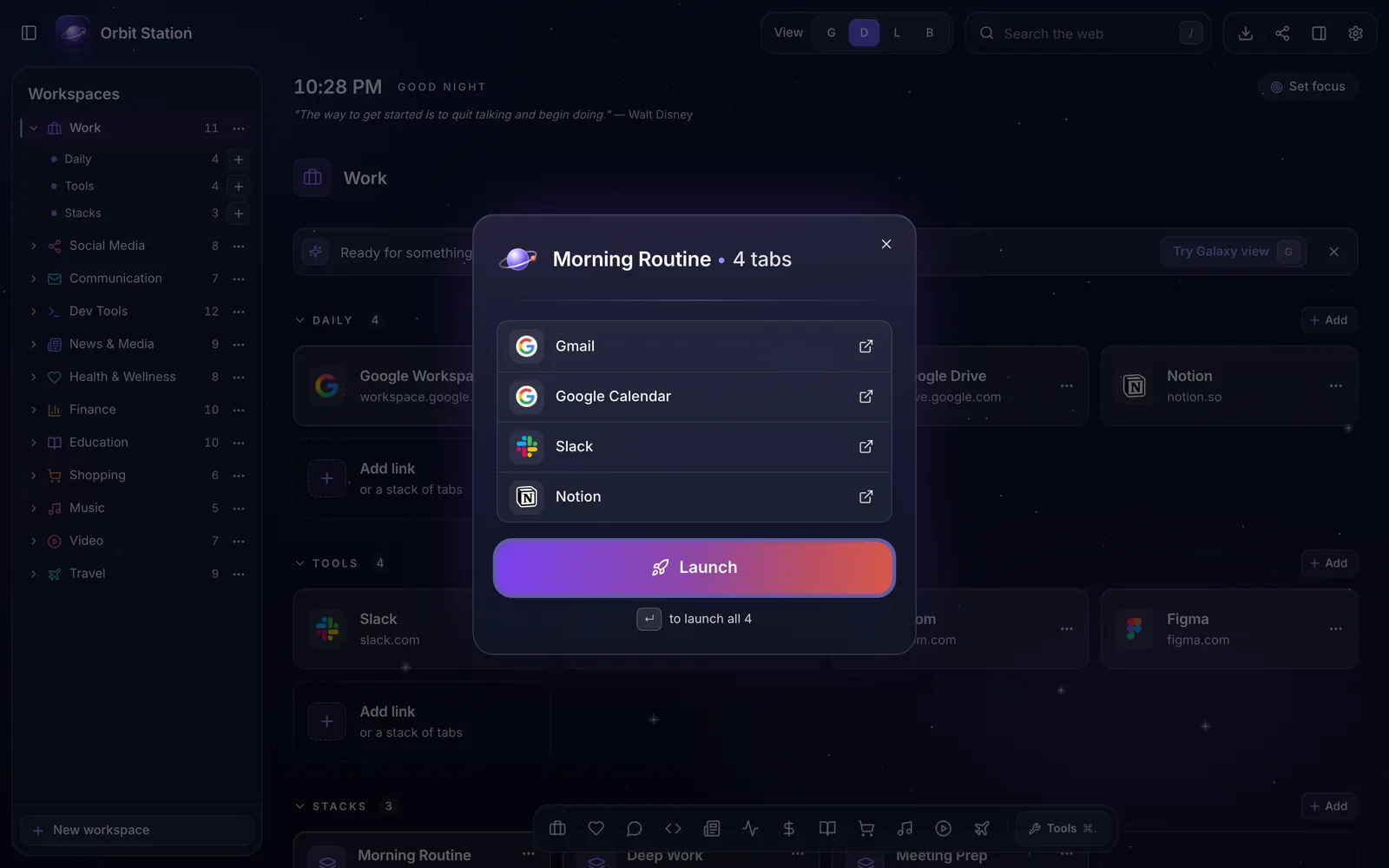 The stack launch card open over the grid, listing four tabs and a Launch button.